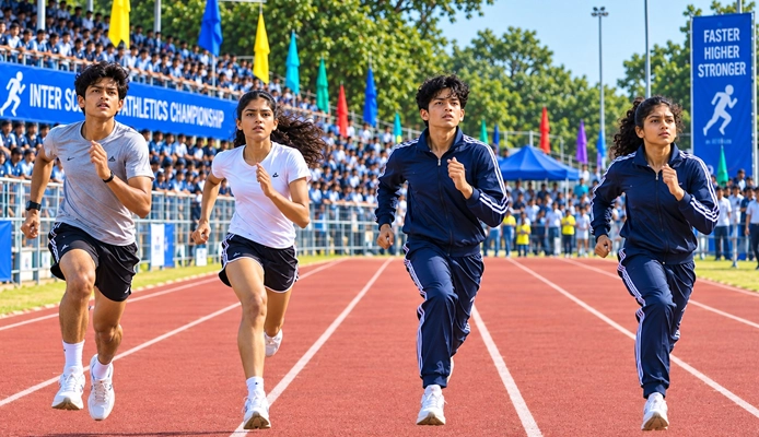 Student athletes running on a track wearing navy blue tracksuits and sports uniforms in event