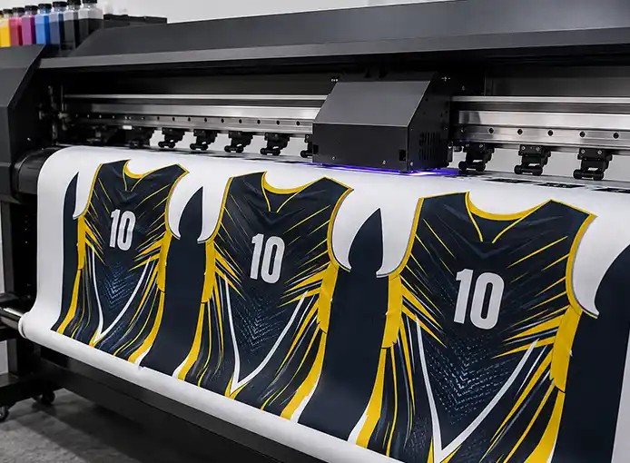 Large format digital printer printing custom sports jerseys with a number ten design
