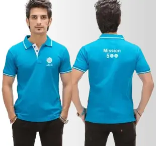 A man in a blue polo shirt with the words 