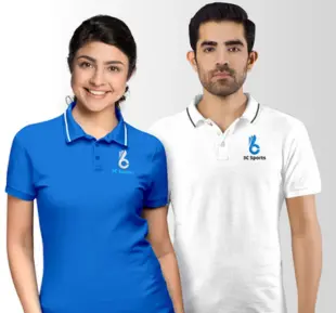 A pair wearing corporate casual uniforms 3C sports logo, dressed in blue & white polo shirts, standing together
