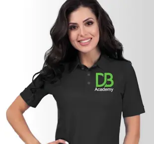 A woman in a black polo shirt displaying the db academy logo, representing a professional or educational institution