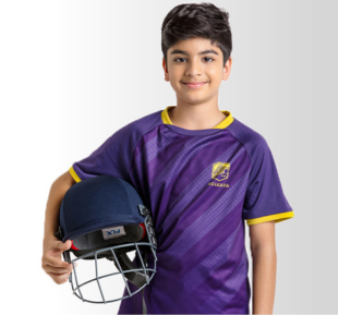 A young boy wearing a purple shirt and helmet, ready for an adventure-filled day ready to play cricket