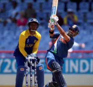 Two guys playing cricket match for their own country to win the battle wearing sports jersey in two different colors