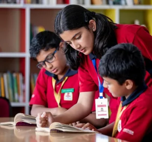 A girl in a red house tshirt assists two boys wearing same house tshirt with their homework, by providing guidance