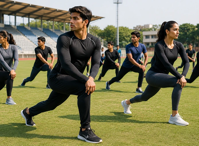 Athletes stretching on a field in customized stretchable sportswear for flexible team training